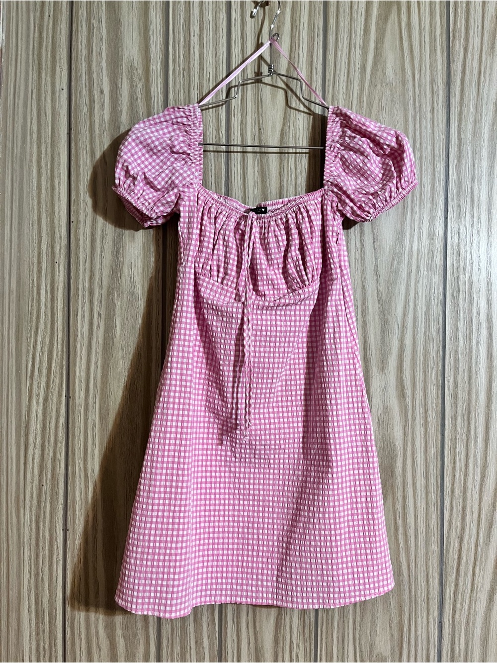 Zara Pink White Gingham Seersucker Milkmaid Mini Dress Size XS